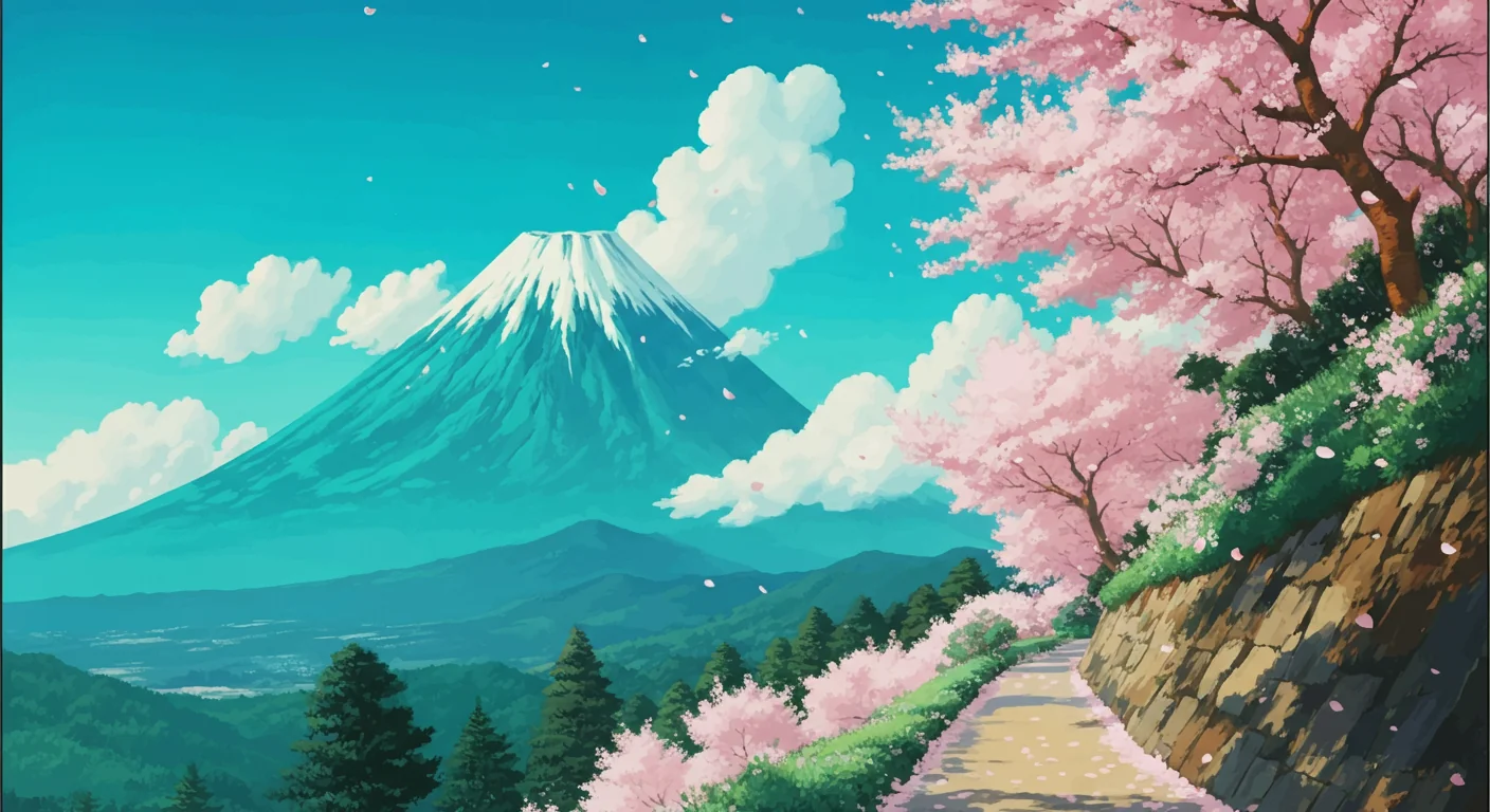An illustrated path beneath cherry blossoms with Mount Fuji in the distance.